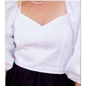 Buru Balloon Sleeve Bustier Cropped Top M, White Poplin | NEW $118